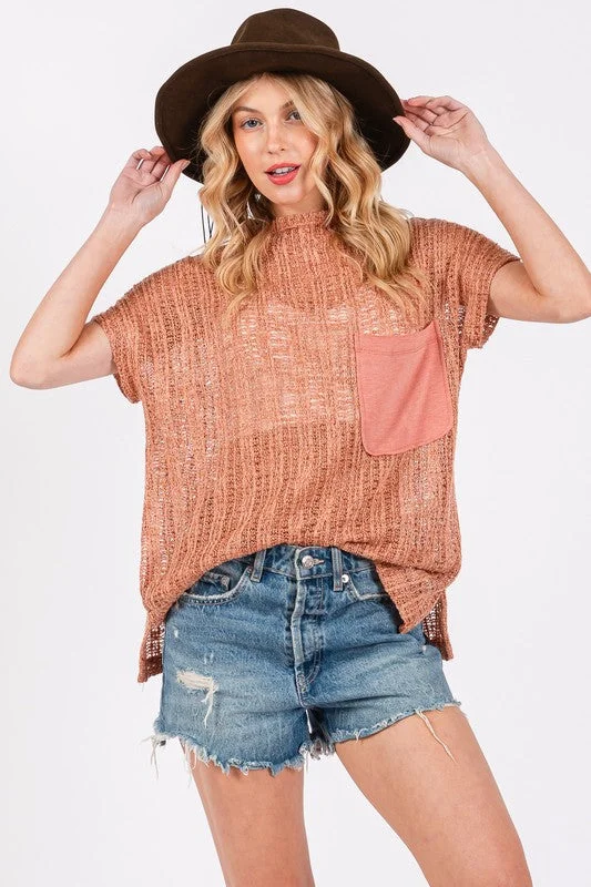 women's tops for those who love to experiment with fashionRUST MOCK NECK SEE THROUGH CROCHET TOP TY12892SA