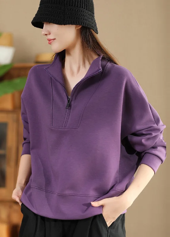 women's tops with unique designsPlus Size Purple Zip Up Cotton Pullover Streetwear Spring