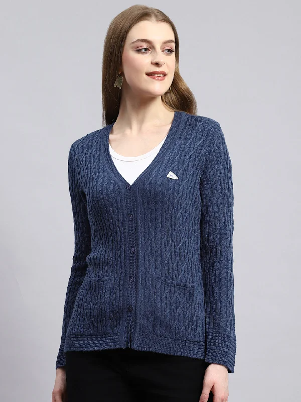 Baby SweatersWomen Blue Self Cardigan