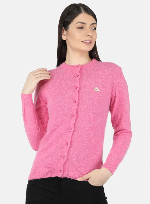 Pullover Chunky SweatersWomen Pink Solid Cardigan