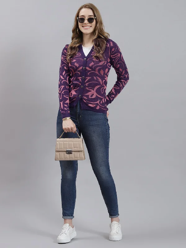 Crewneck Fair Isle SweatersWomen Purple Jaquard Cardigan