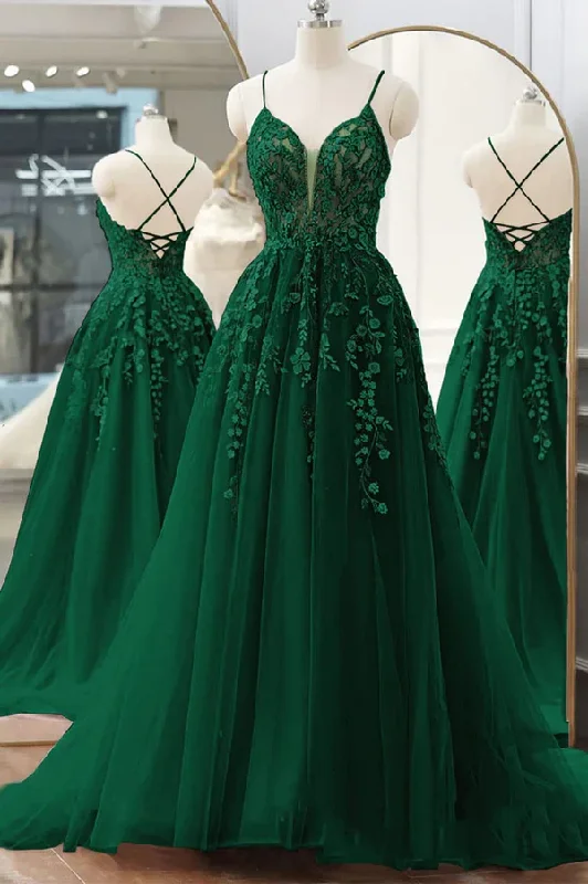 floral prom dressesPretty V Neck Green Lace Floral Long Prom Dresses, A Line Tulle Formal Evening Dresses  Y4251