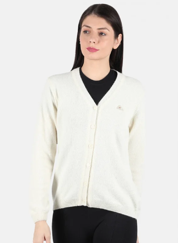 Knitted Crewneck SweatersWomen White Solid Cardigan