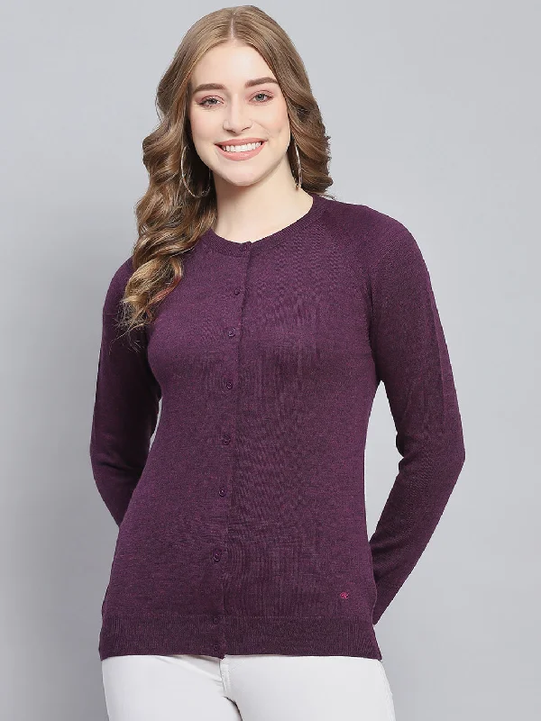 Elegant SweatersWomen Purple Solid Round Neck Full Sleeve Cardigans