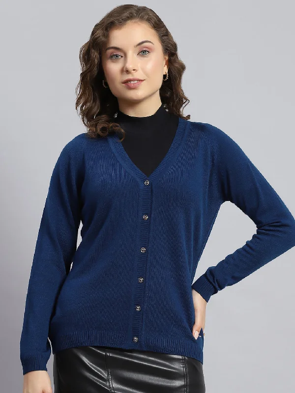 Vintage SweatersWomen Navy Blue Solid V Neck Full Sleeve Cardigans