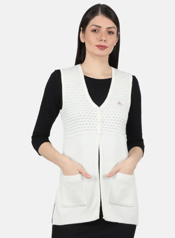 Quick-Dry Soft Knitted SweatersWomen White Self Design Cardigan