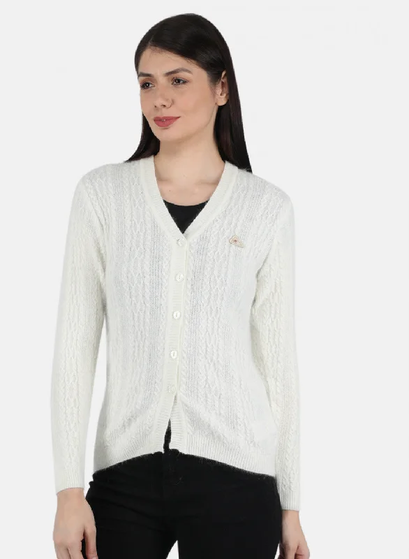 Thick Turtle-Neck Wool SweatersWomen White Self Design Cardigan