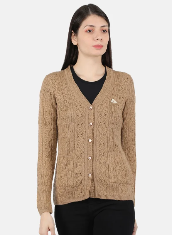 Retro Stylish Flannel SweatersWomen Beige Self Design Cardigan