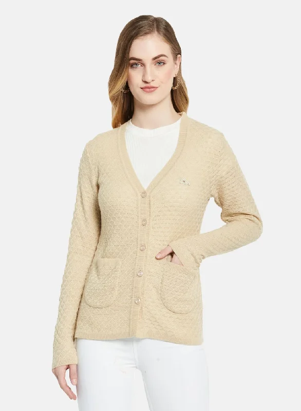 Fitted SweatersWomen Brown Self Design Cardigan