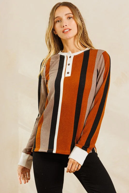 women's tops for those who love bold and vibrant colorsMUSTARD STRIPED COLOR BLOCK STRETCH KNIT TOP TY10837NPB