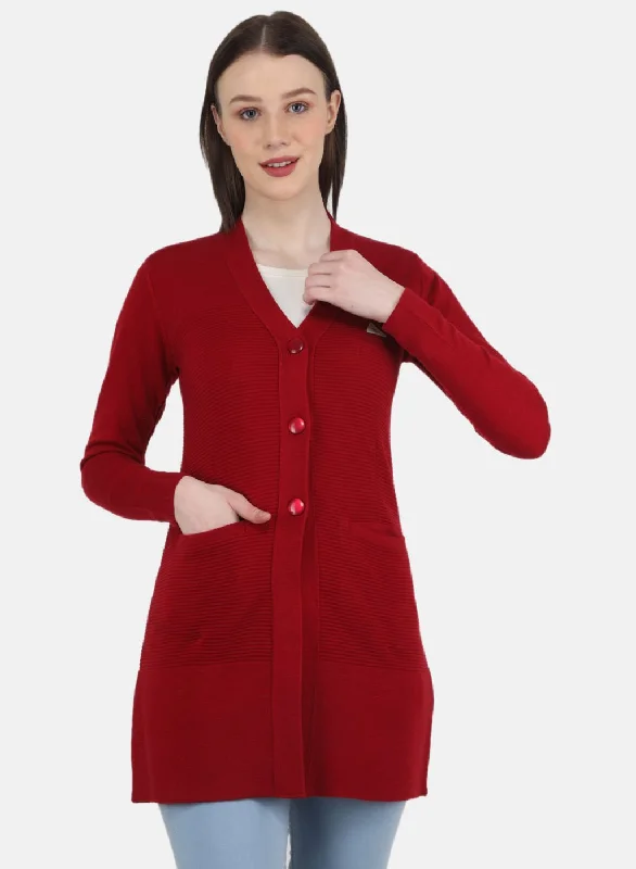 Discounted SweatersWomen Red Self Design Cardigan