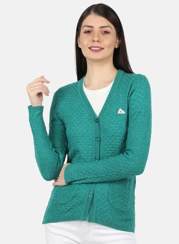 Custom SweatersWomen Sea Green Self Design Cardigan