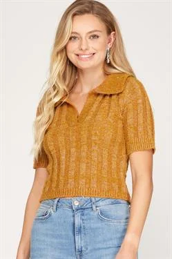 three-quarter sleeve women's topsCARAMEL COLLARED SHORT SLEEVES CROPPED KNIT TOP S8SS8236