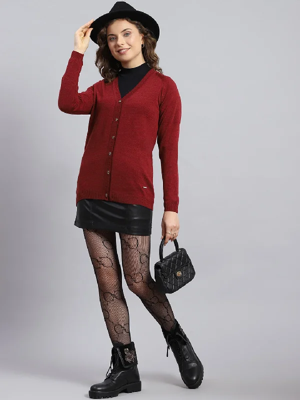 Trendy SweatersWomen Maroon Solid V Neck Full Sleeve Cardigans