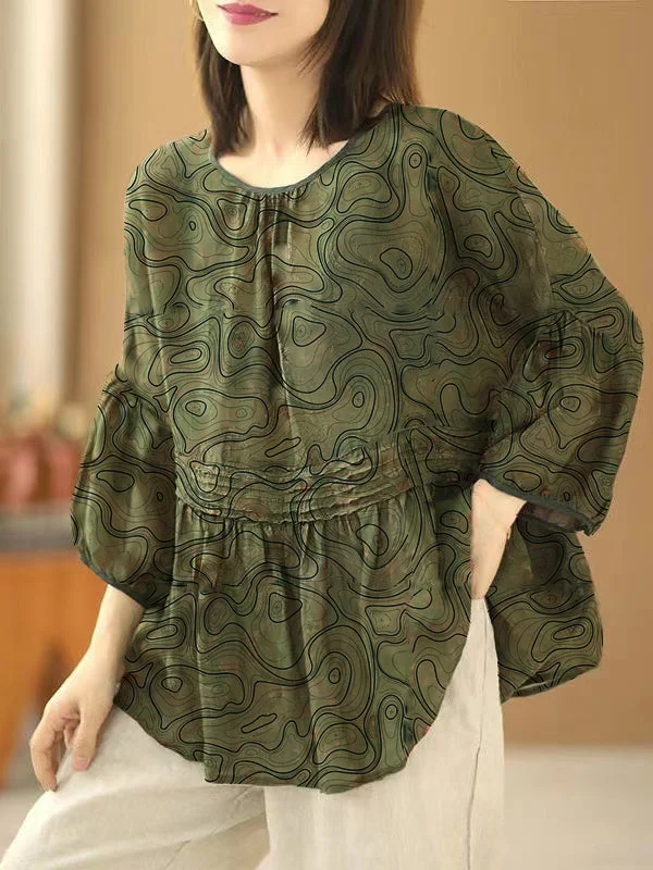 women's tops for those who love bold and vibrant colorsHandmade Green-texture O Neck Print Wrinkled Patchwork Cotton Top Summer