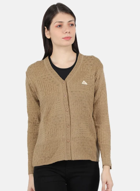 Cozy Custom Embellished SweatersWomen Brown Self Design Cardigan