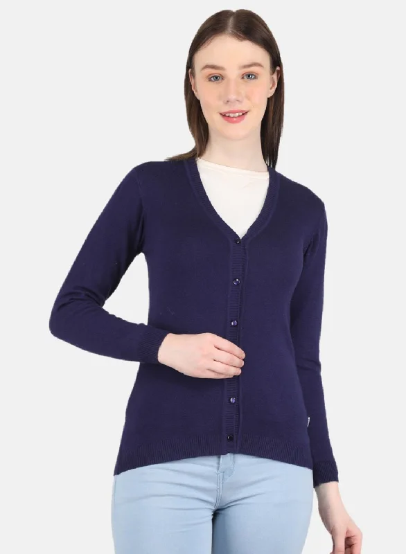 Fitted SweatersWomen Blue Self Design Cardigan