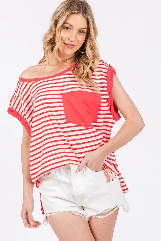 spaghetti strap women's topsRED STRIPED TWISTED SLEEVES KNIT TOP CFTLU13433STA