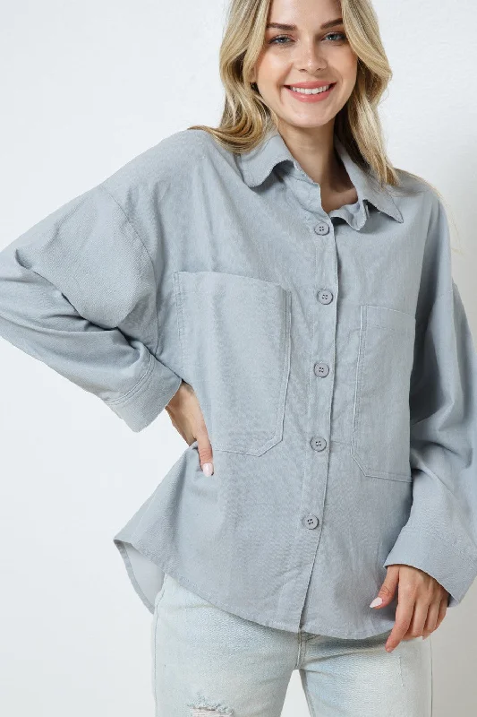 women's tops for those who want to create stylish and put-together outfits without spending a fortuneHEATHER GREY COTTON COLLARED PATCH POCKET SHIRT TOP T7649