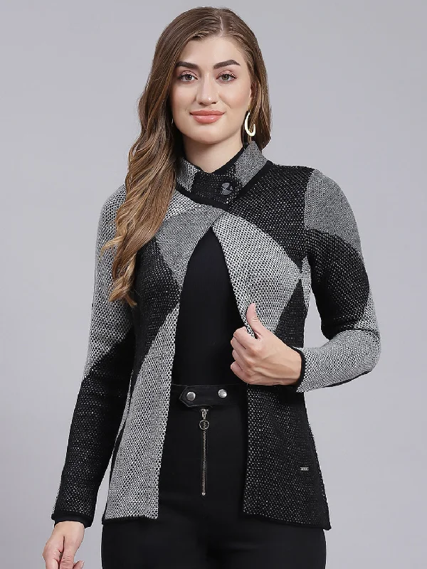 Quick-Dry Soft Knitted SweatersWomen Black Jaquard Wool blend Cardigan