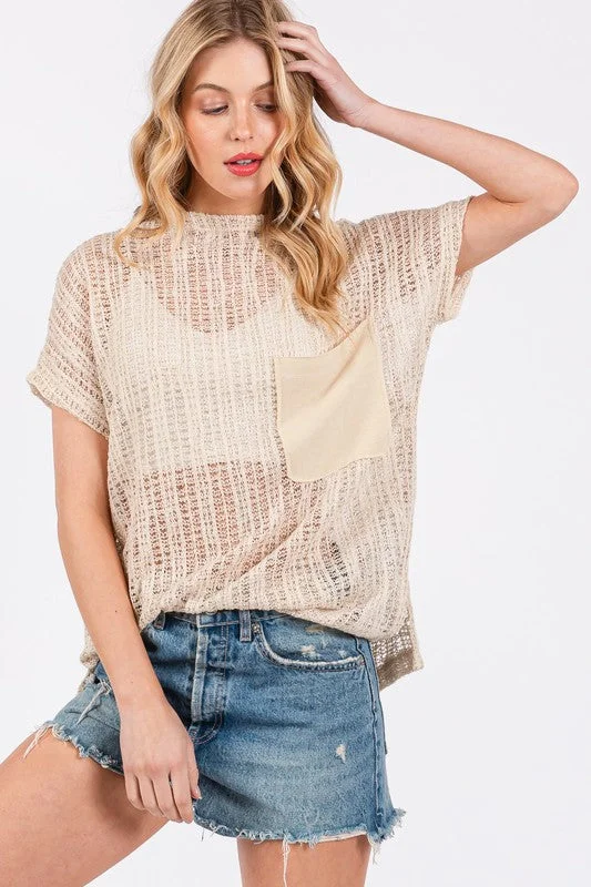 women's tops for those who prefer classic over trendy stylesOATMEAL MOCK NECK SEE THROUGH CROCHET TOP TY12892SA