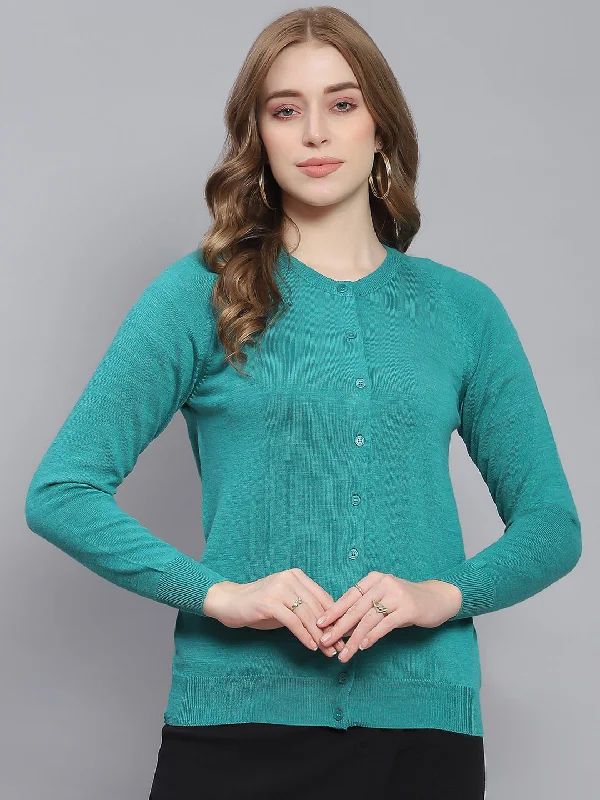 Extra-Large SweatersWomen Turquoise Blue Solid Round Neck Full Sleeve Cardigans