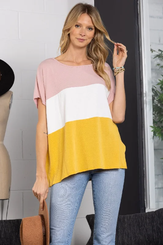 breathable women's tops for summerBLUSH COLOR BLOCK TUNIC TOP-ST11499