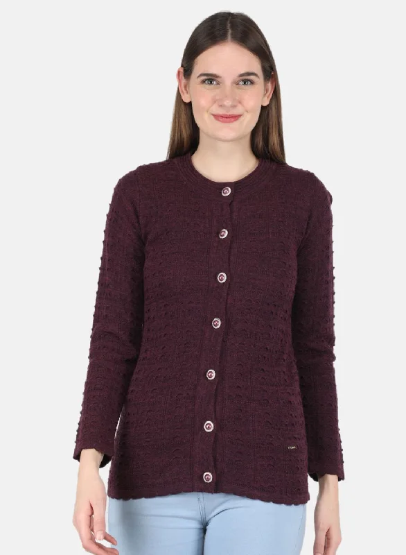 Fitted SweatersWomen Maroon Self design Cardigan