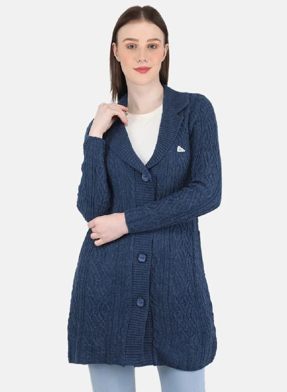 Turtle-Neck SweatersWomen Blue Self Design Cardigan