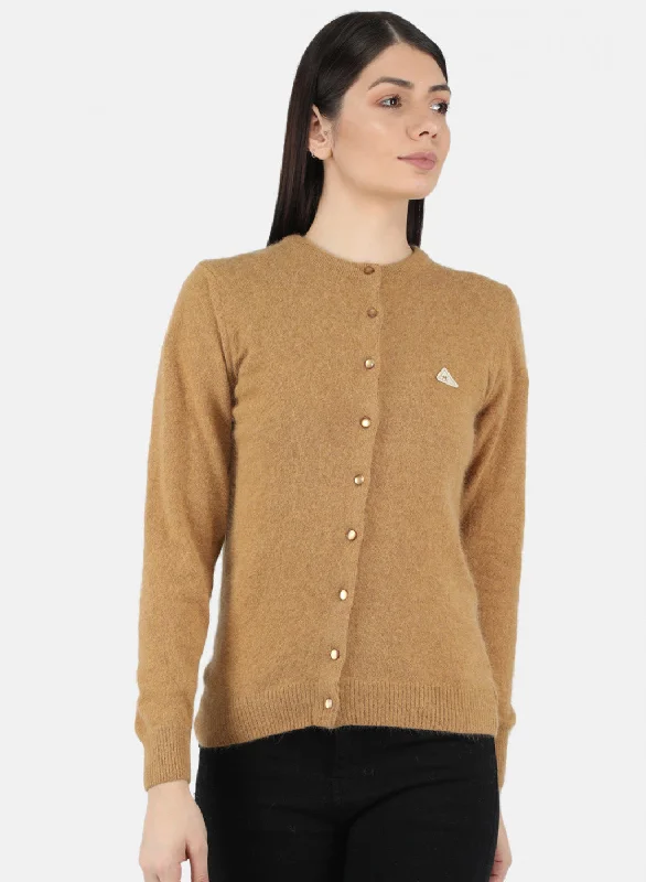 Retro Crewneck SweatersWomen Brown Solid Cardigan