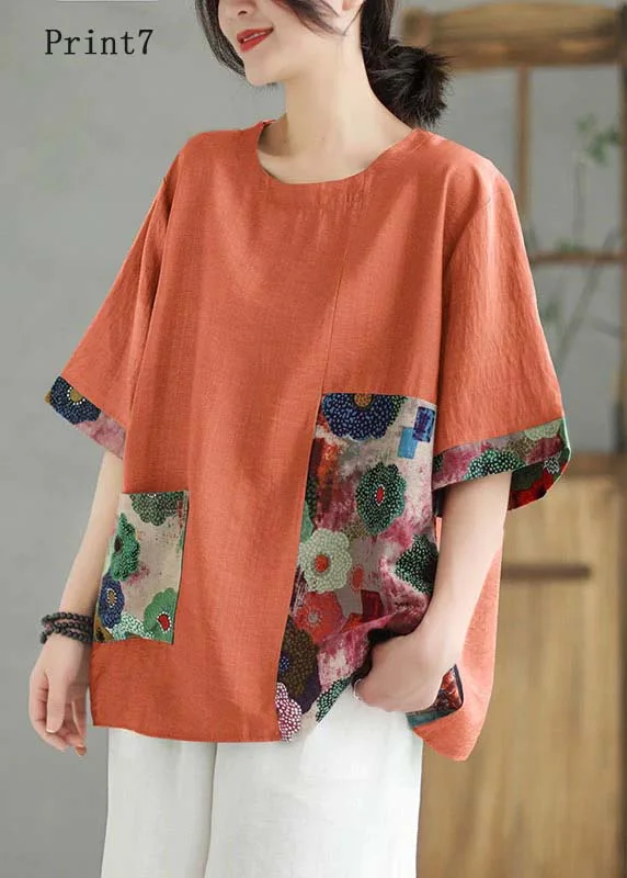 women's tops for those who refuse to compromise on styleWomen Orange O Neck Print Patchwork Linen T Shirt Top Summer