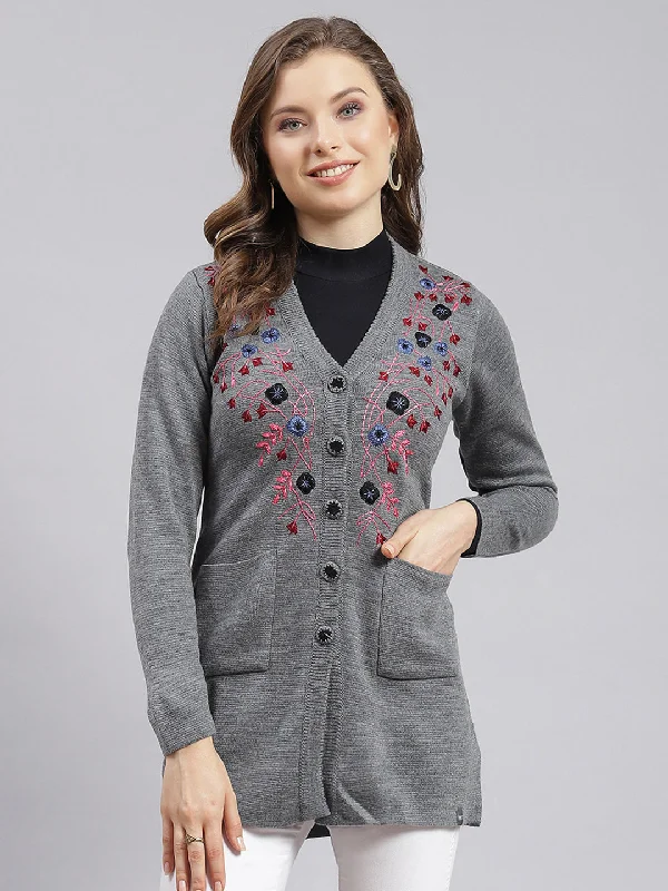 Thick Turtle-Neck Wool SweatersWomen Grey Solid Wool blend Cardigan