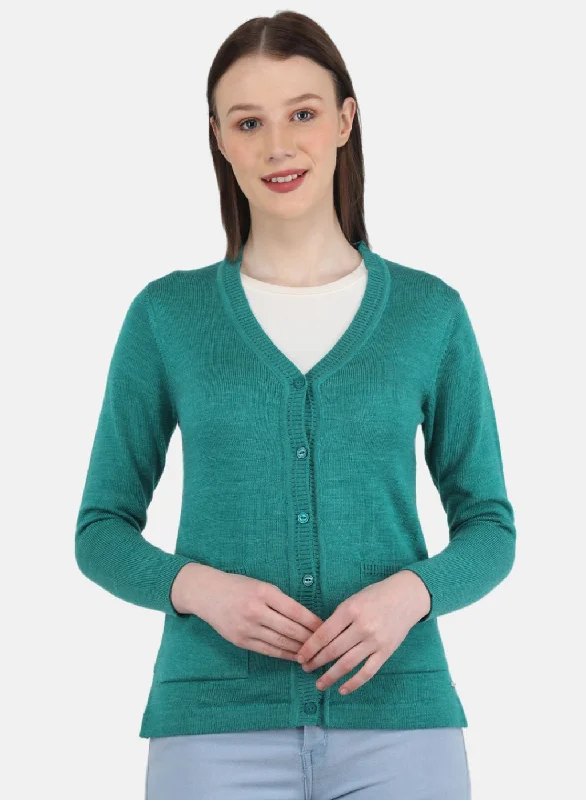 Knitted SweatersWomen Sea Green Solid Cardigan