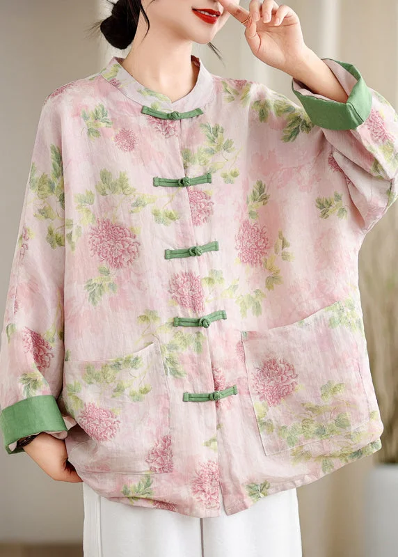 women's tops for those who love to dress up their casual looks with stylish topsVintage Pink Print Pockets Chinese Button Linen Blouse Top Spring