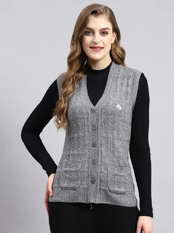 Custom SweatersWomen Grey Self Cardigan