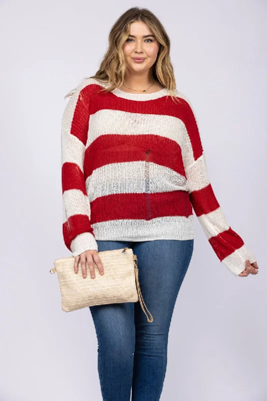 women's tops for everyday eleganceRED STRIPE TEARED KNIT PULLOVER PLUS SIZE SWEATER TOP-ST1114P