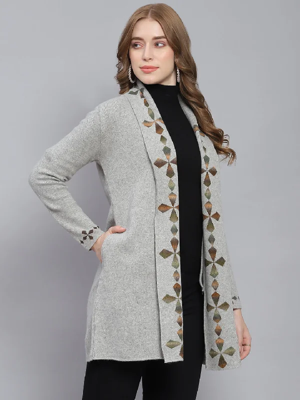 Turtle-Neck SweatersWomen Grey Self Design Front Open Full Sleeve Cardigans