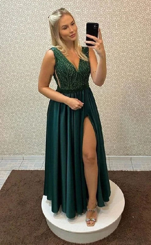 prom dresses with beaded accentsGreen V-Neck A-Line Prom Dress With Slit Y6434