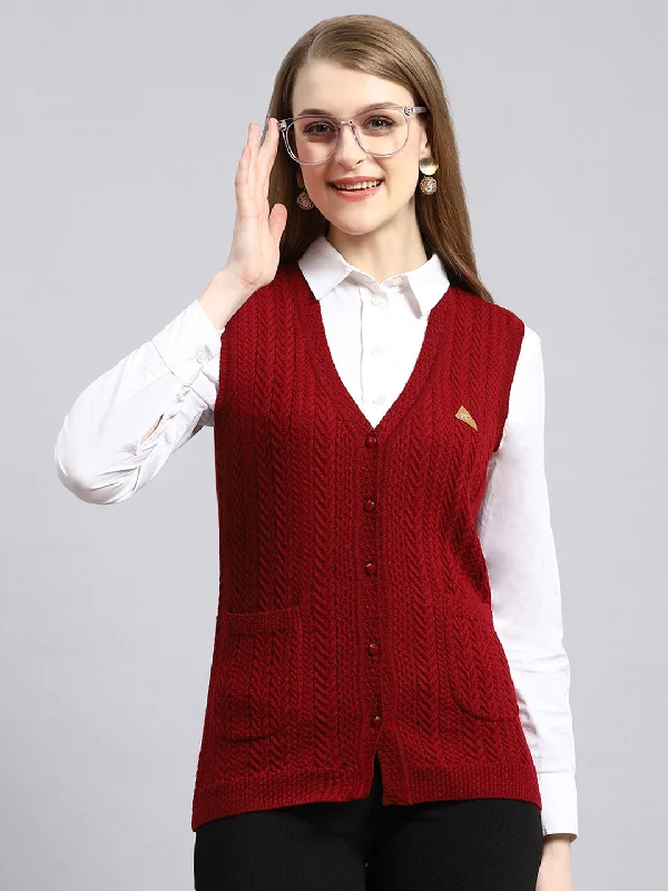 Cashmere Children's SweatersWomen Maroon Self Cardigan