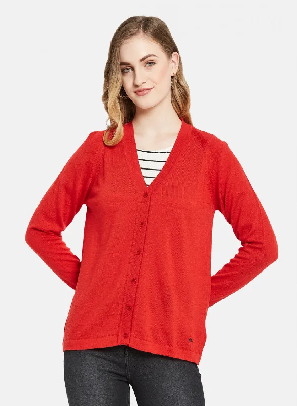 Quick-Dry Wool SweatersWomen Red Solid Cardigan