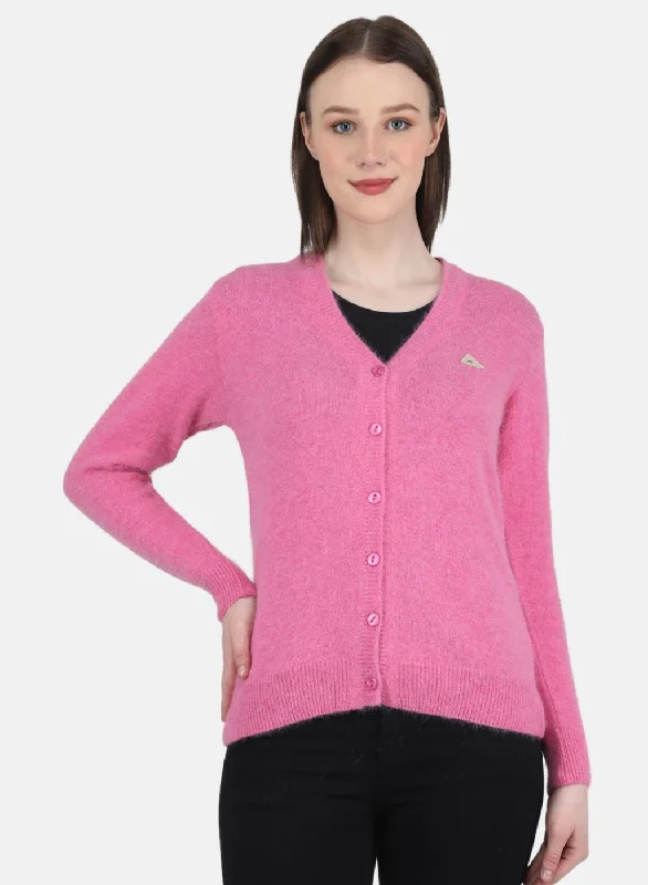 Pullover Chunky SweatersWomen Pink Solid Cardigan