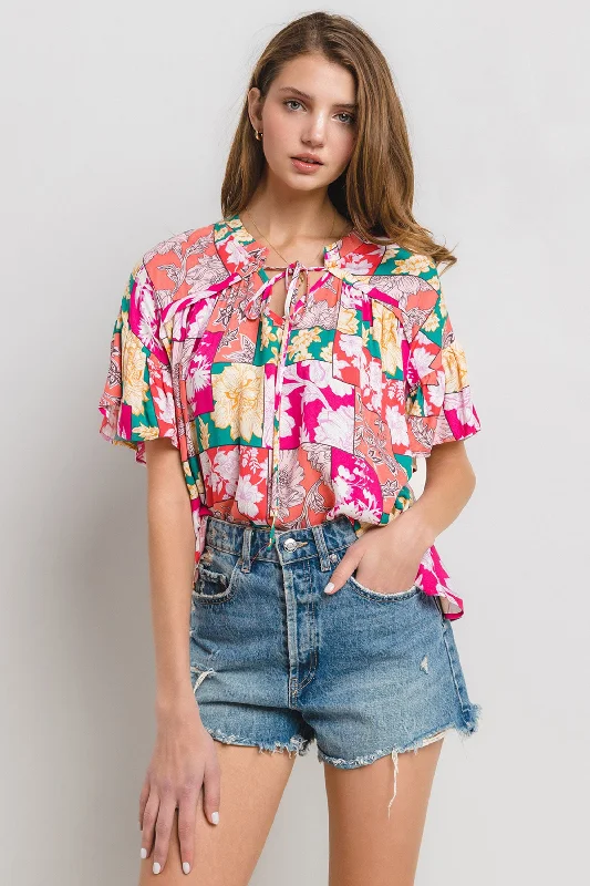 women's tops with floral printsGREEN FLORAL STRING V-NECK SHIRRING DETAIL WOVEN BLOUSE TOP CFTEU13739PA