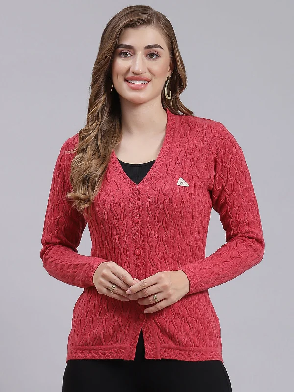 High-Neck SweatersWomen Coral Pink Self Design Wool blend Cardigan