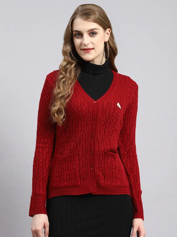 Embellished SweatersWomen Red Self Cardigan