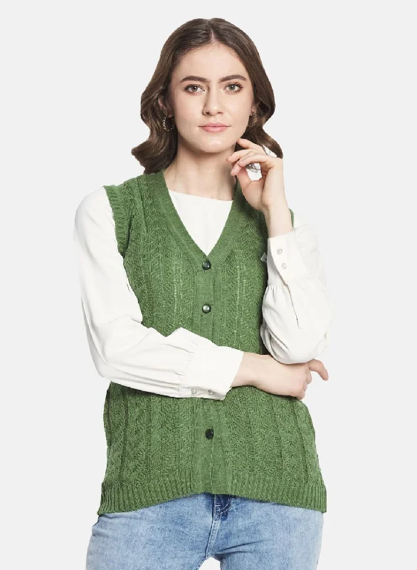 Colorful SweatersWomen Green Self Design Cardigan