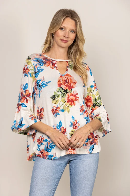 women's tops for those who want to add a pop of color to their outfitsOFFWHITE ROUND KEYHOLE FLORAL PRINT BELL 3/4 SLEEVES TOP T1486