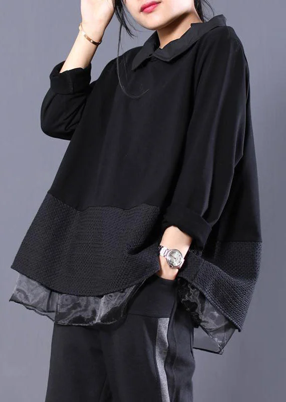 women's tops for boho-chic stylesLoose Black Peter Pan Collar Fake Two Pieces Sweatshirt Long Sleeve