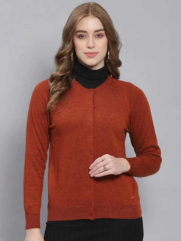 Fashionable SweatersWomen Rust Solid Round Neck Full Sleeve Cardigans